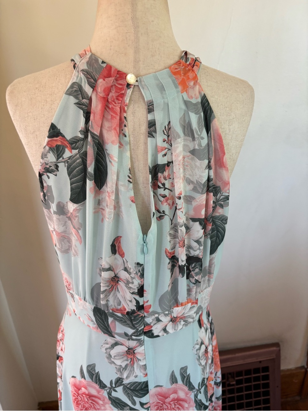 Eliza J Floral Halter Gown Maxi Dress Tie Neck Boho Preppy Wedding Blue Size 6 - Picture 5 of 6